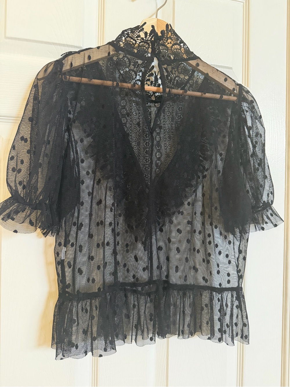 Zara Black Sheer Polka-Dot Lace Ruffle Blouse - Picture 3 of 4